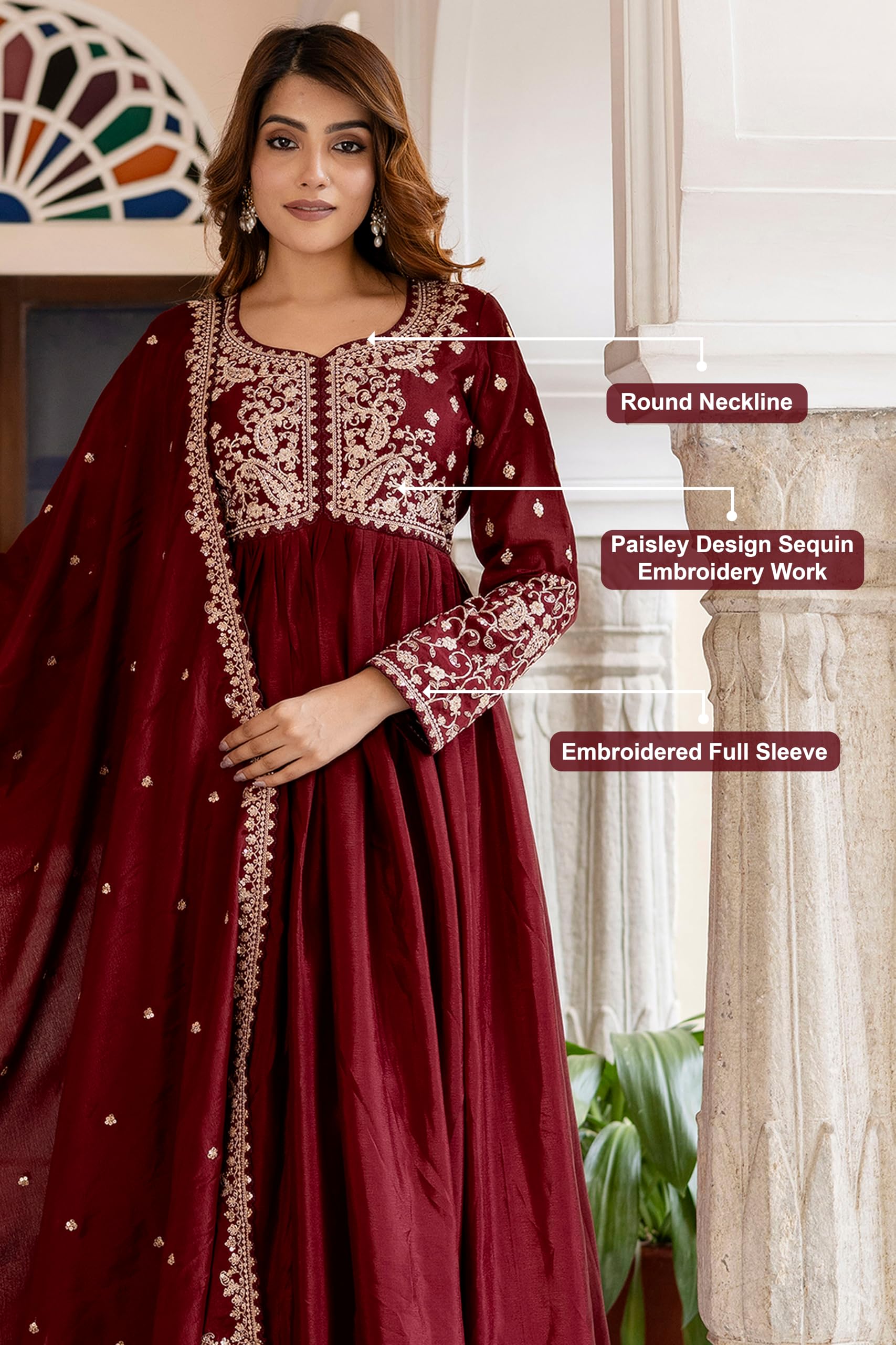 TRENDMALLS Women's Silk Blend Embroidery Anarkali Kurta Pant Set with Dupatta Salwar Suit Set for Women - Image 4