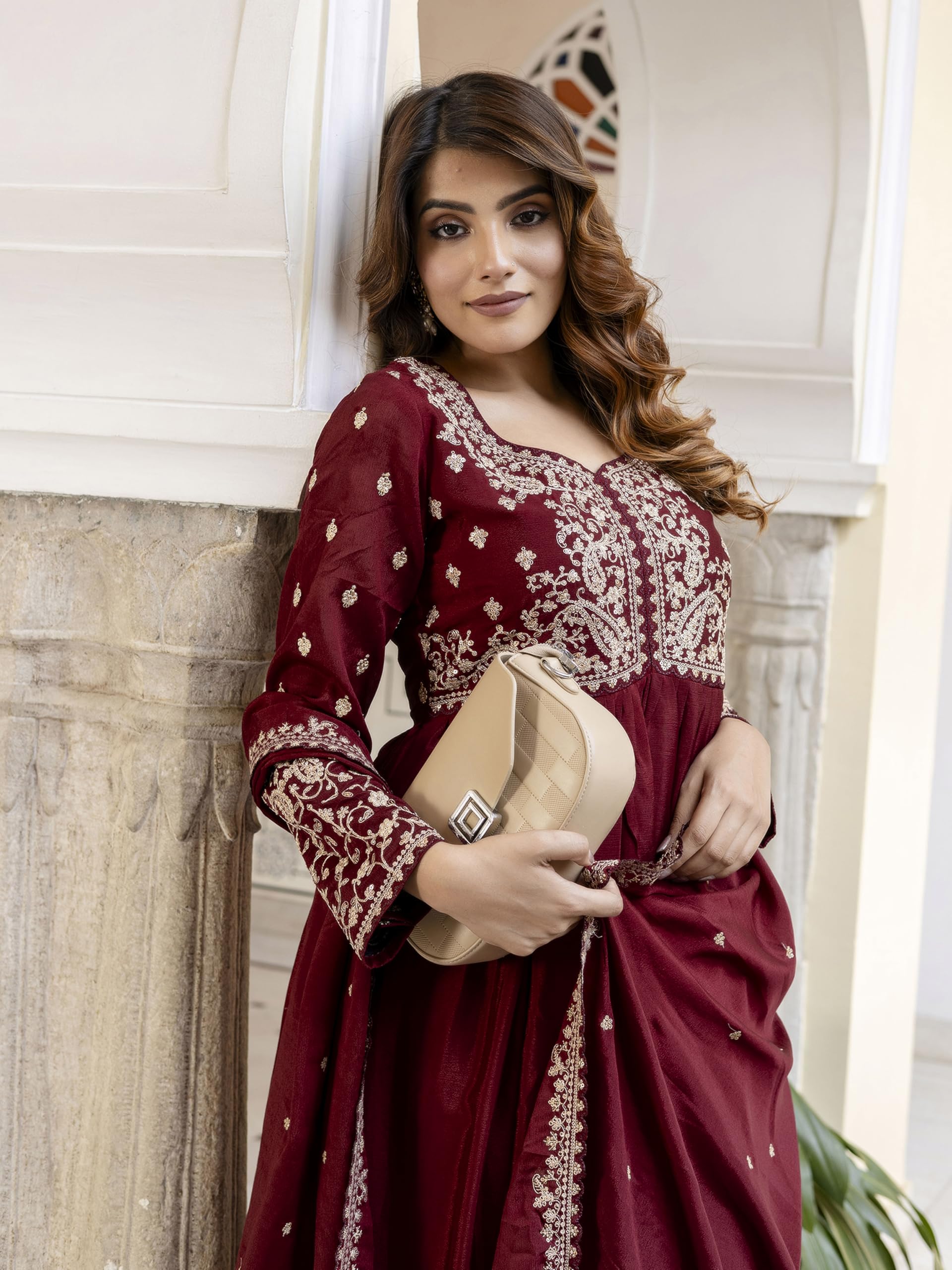 TRENDMALLS Women's Silk Blend Embroidery Anarkali Kurta Pant Set with Dupatta Salwar Suit Set for Women - Image 6