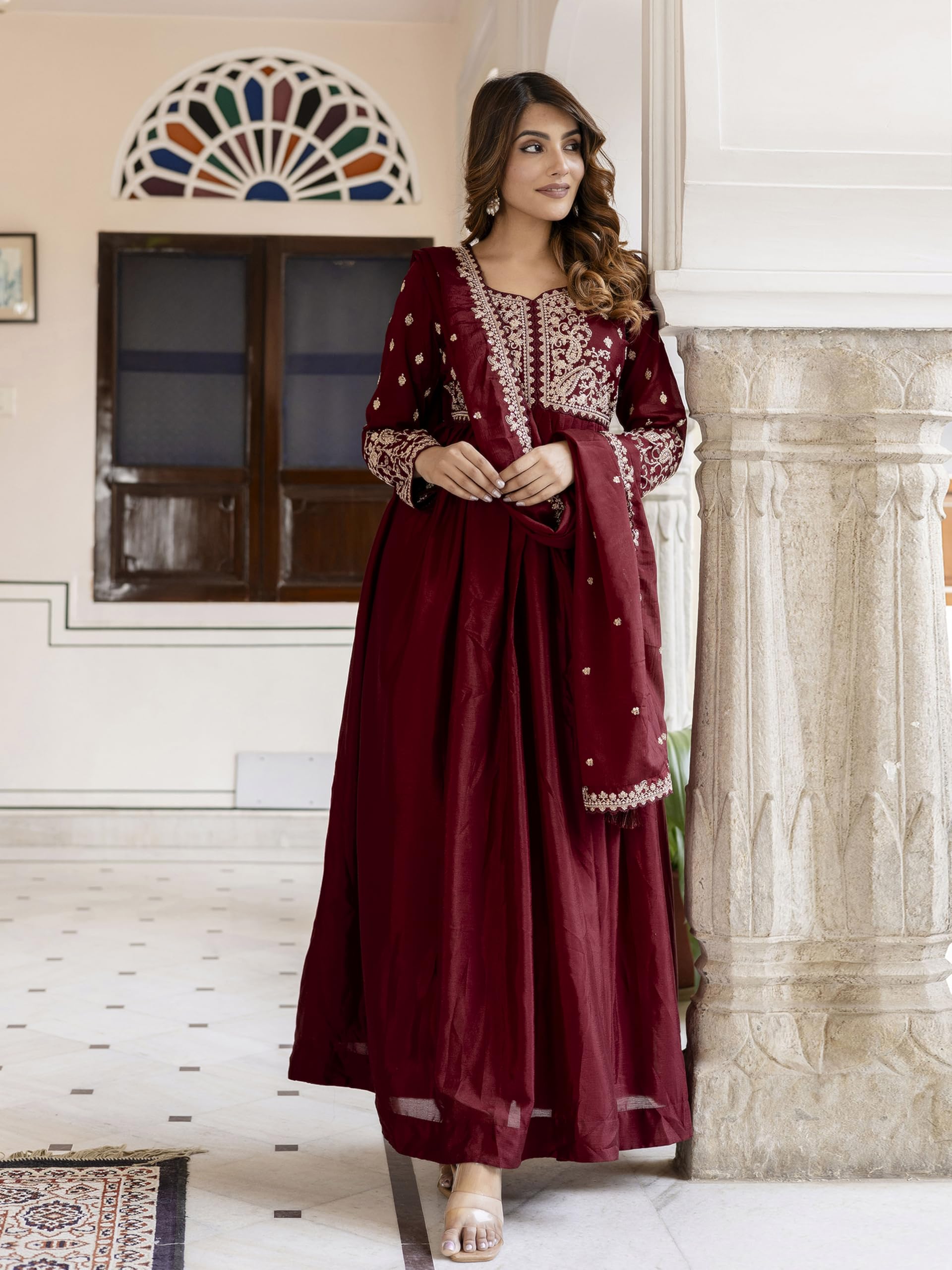 TRENDMALLS Women's Silk Blend Embroidery Anarkali Kurta Pant Set with Dupatta Salwar Suit Set for Women - Image 8