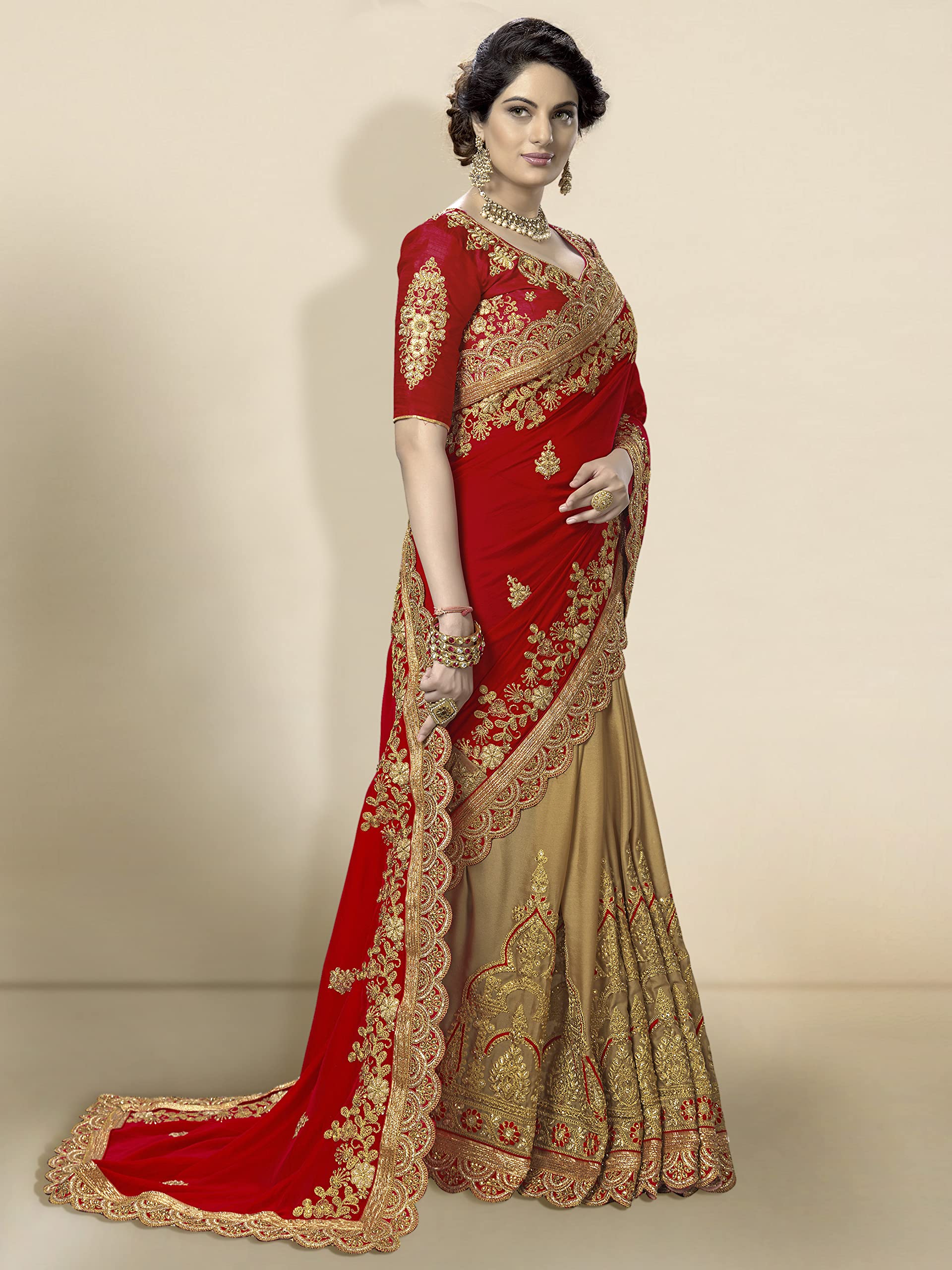 TRENDMALLS Women's Silk Satin Embroidery Saree with Unstitched Blouse - Image 3