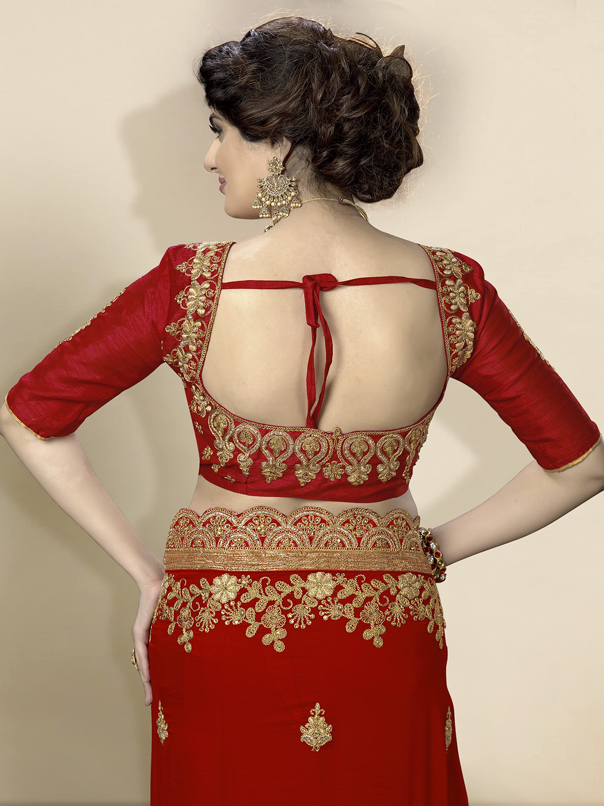 TRENDMALLS Women's Silk Satin Embroidery Saree with Unstitched Blouse - Image 7