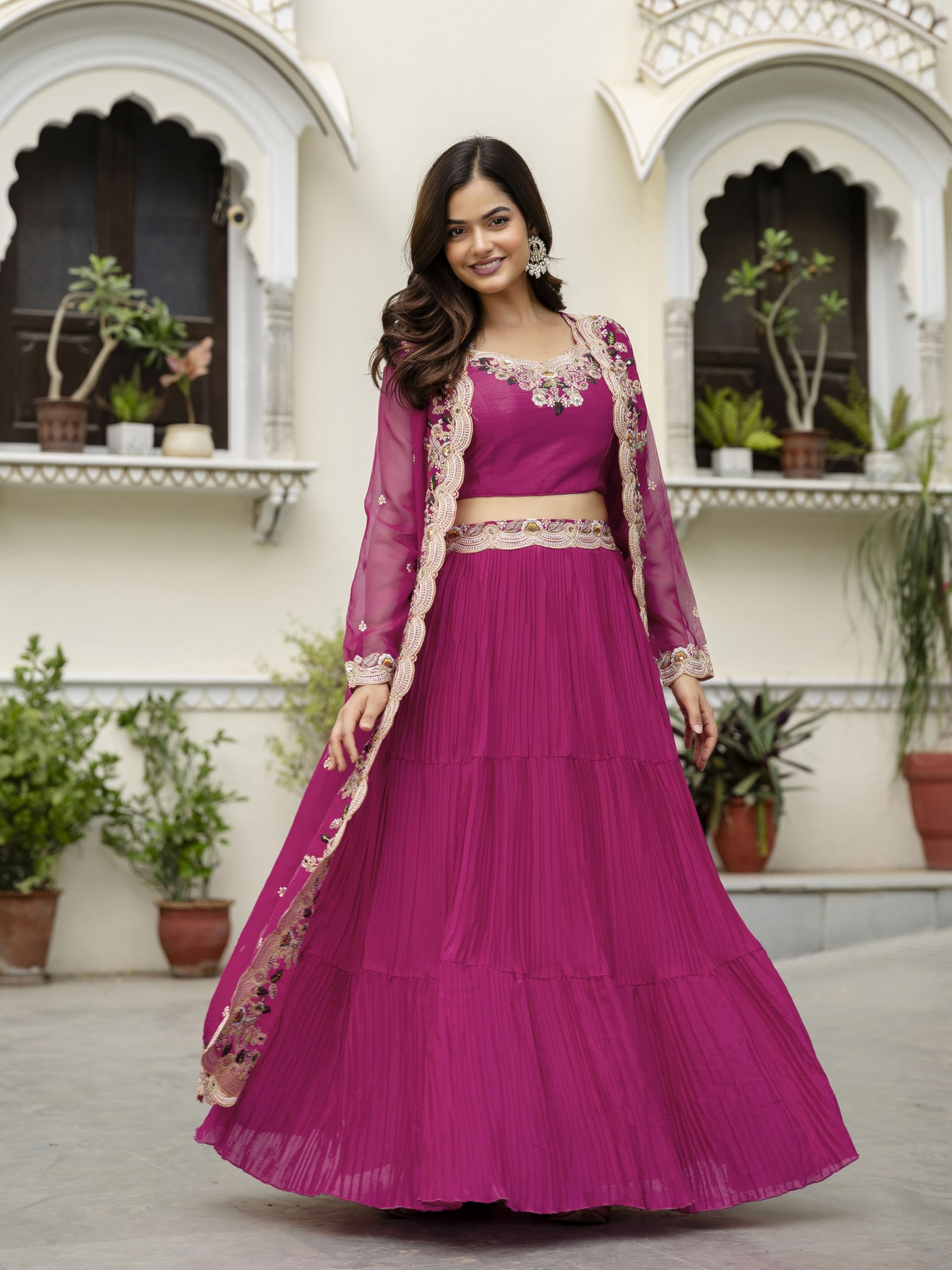 TRENDMALLS Women's Soft Organza Embroidery Crop Top with Flared Pleated Skirt and Shrug Set - Image 3