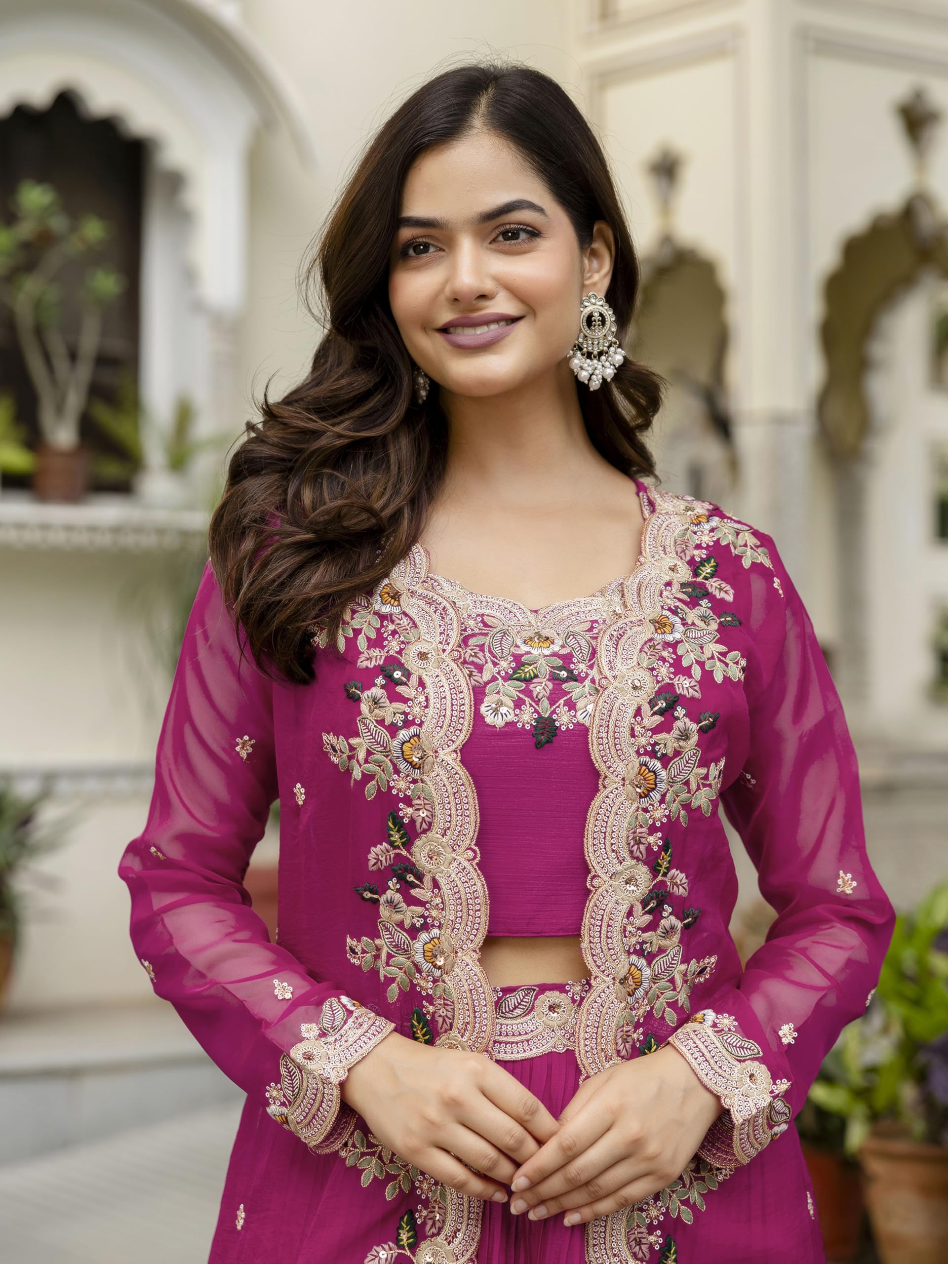 TRENDMALLS Women's Soft Organza Embroidery Crop Top with Flared Pleated Skirt and Shrug Set - Image 7