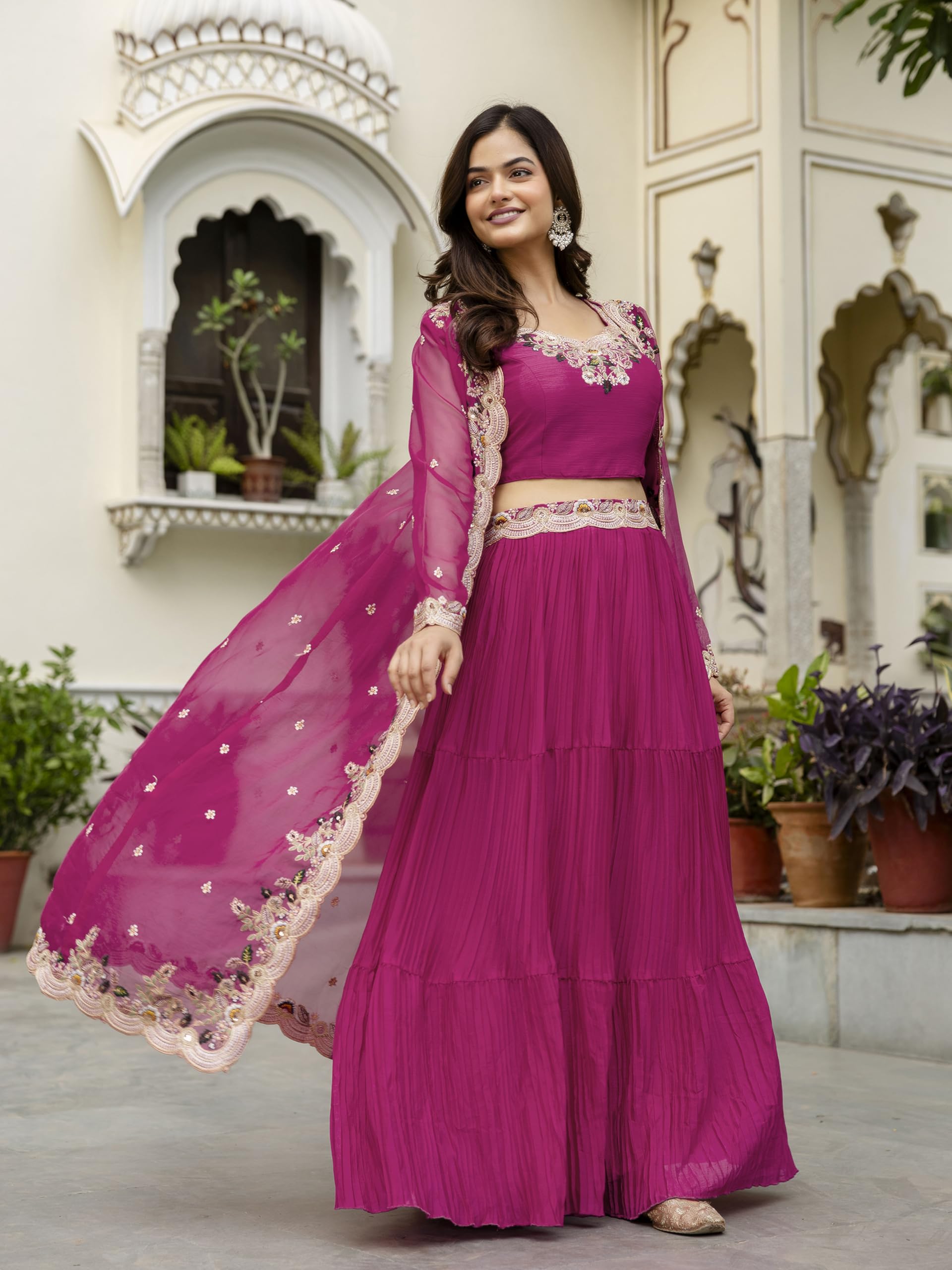 TRENDMALLS Women's Soft Organza Embroidery Crop Top with Flared Pleated Skirt and Shrug Set - Image 8