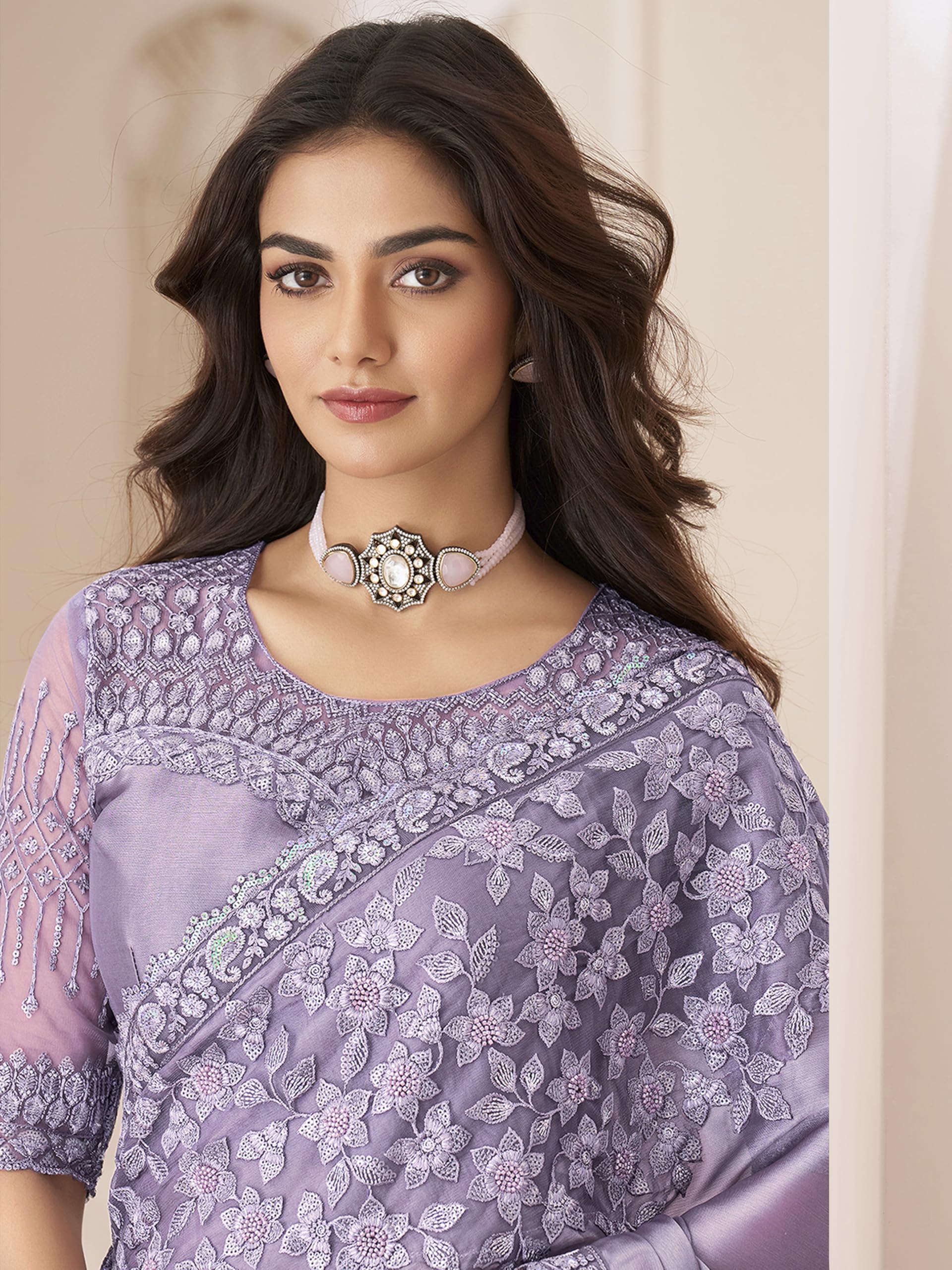 TRENDMALLS Women's Tissue Silk Sequin Embroidery Work Saree with Unstitched Blouse Piece (New-Party-Latest-Wedding-Sequnce-Saree-) - Image 3