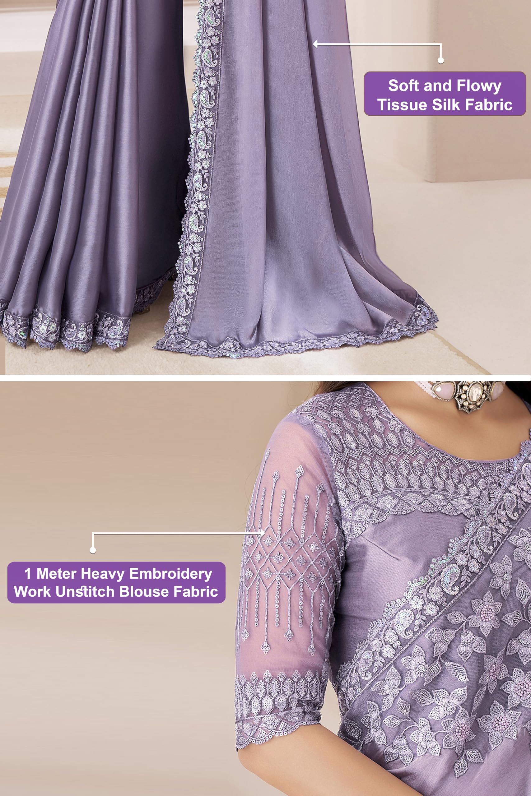 TRENDMALLS Women's Tissue Silk Sequin Embroidery Work Saree with Unstitched Blouse Piece (New-Party-Latest-Wedding-Sequnce-Saree-) - Image 6