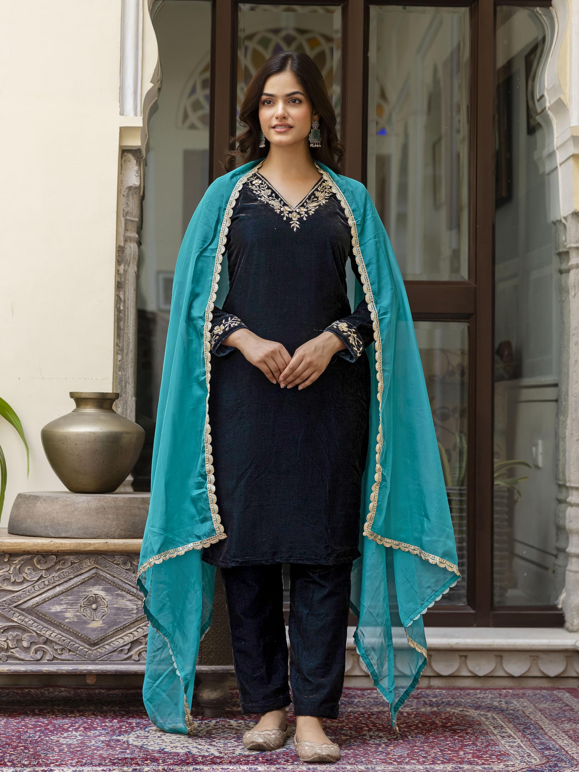 TRENDMALLS Women's Velvet Embroidery Salwar Suit Set Kurta Pant with Dupatta Morpeach Kurta Set for Women - Image 3