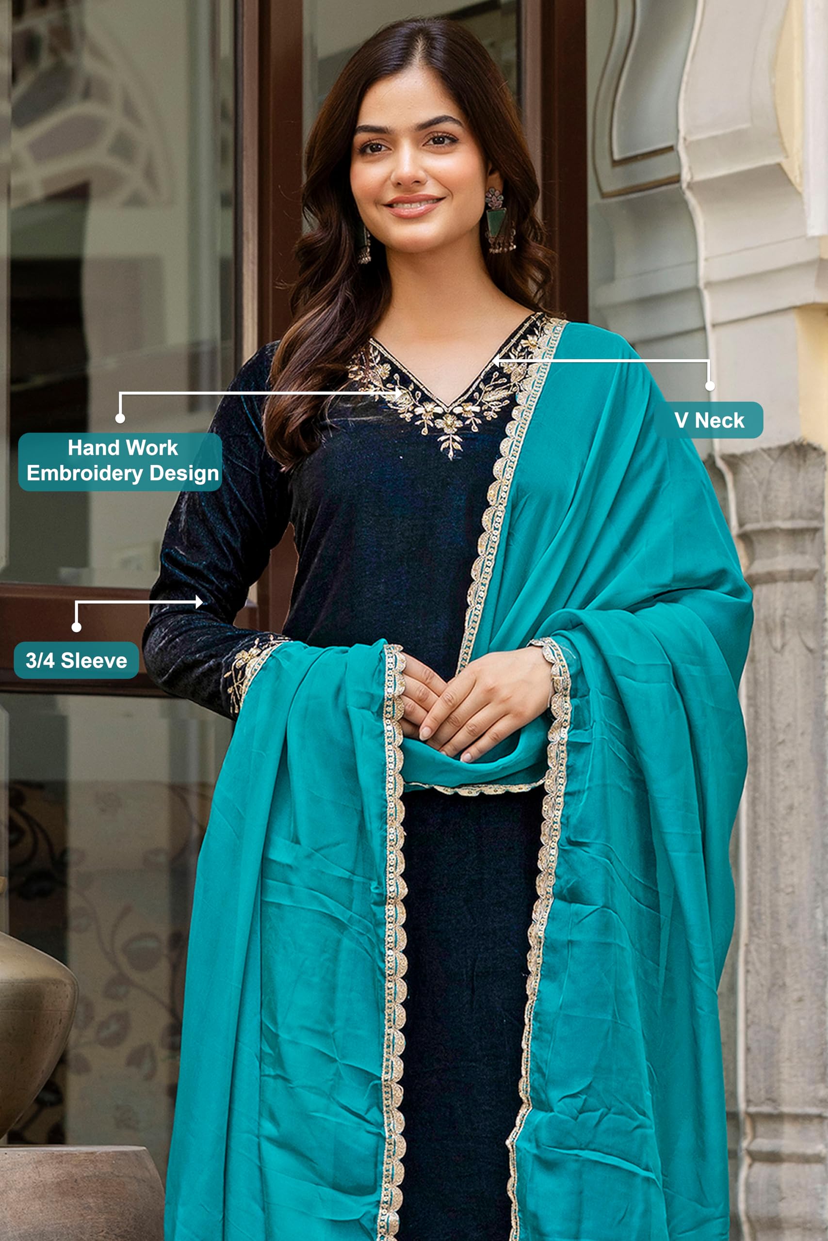 TRENDMALLS Women's Velvet Embroidery Salwar Suit Set Kurta Pant with Dupatta Morpeach Kurta Set for Women - Image 4