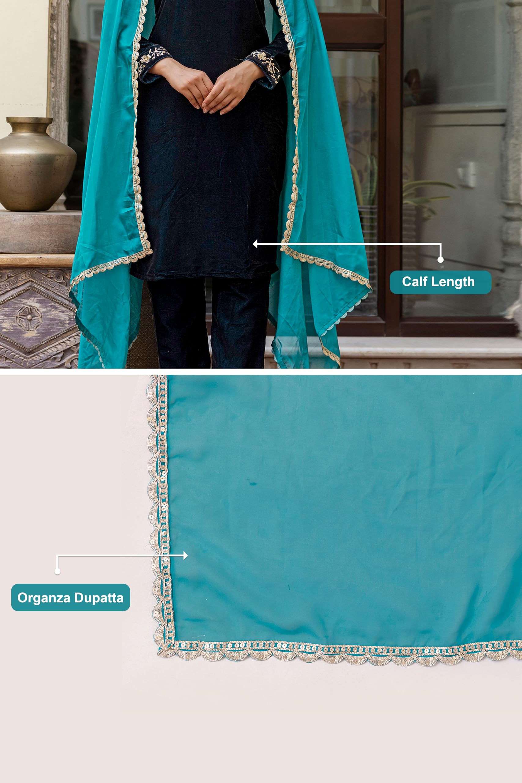 TRENDMALLS Women's Velvet Embroidery Salwar Suit Set Kurta Pant with Dupatta Morpeach Kurta Set for Women - Image 5