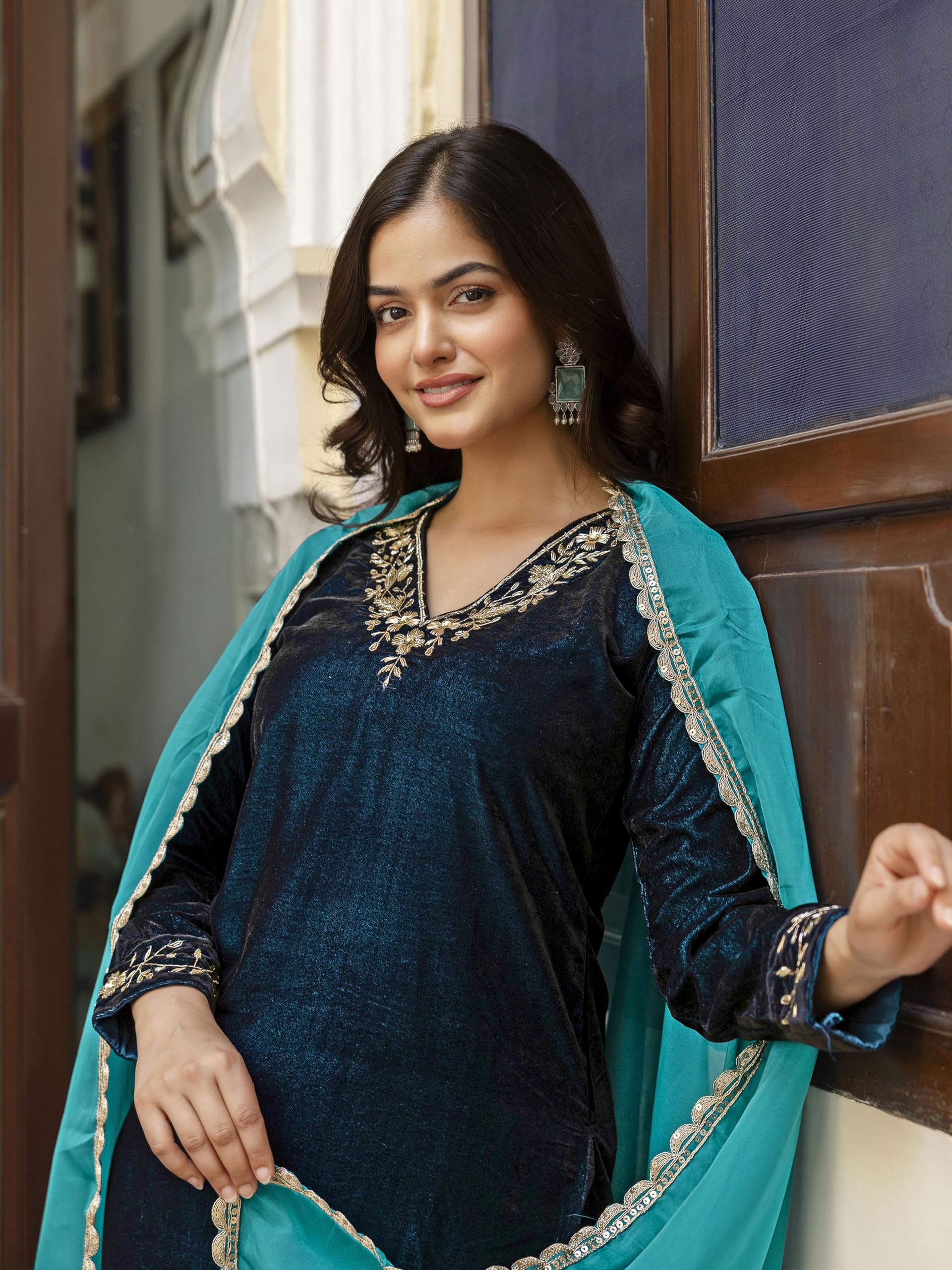 TRENDMALLS Women's Velvet Embroidery Salwar Suit Set Kurta Pant with Dupatta Morpeach Kurta Set for Women - Image 6