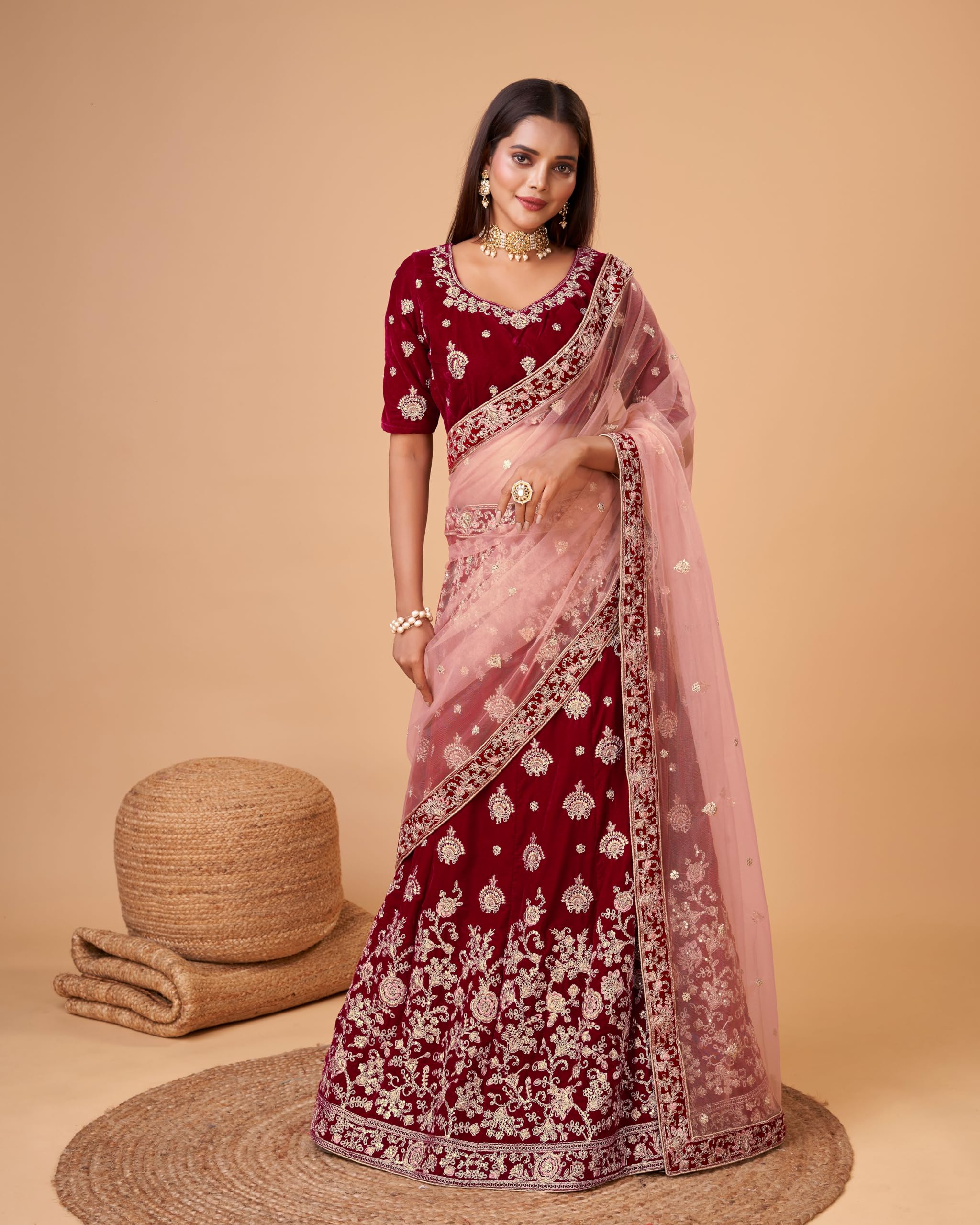 Trendmalls Women's Velvet Embroidery Sequence Work Bridal Lehenga Choli Unstitch Blouse with Dupatta For Women - Image 3