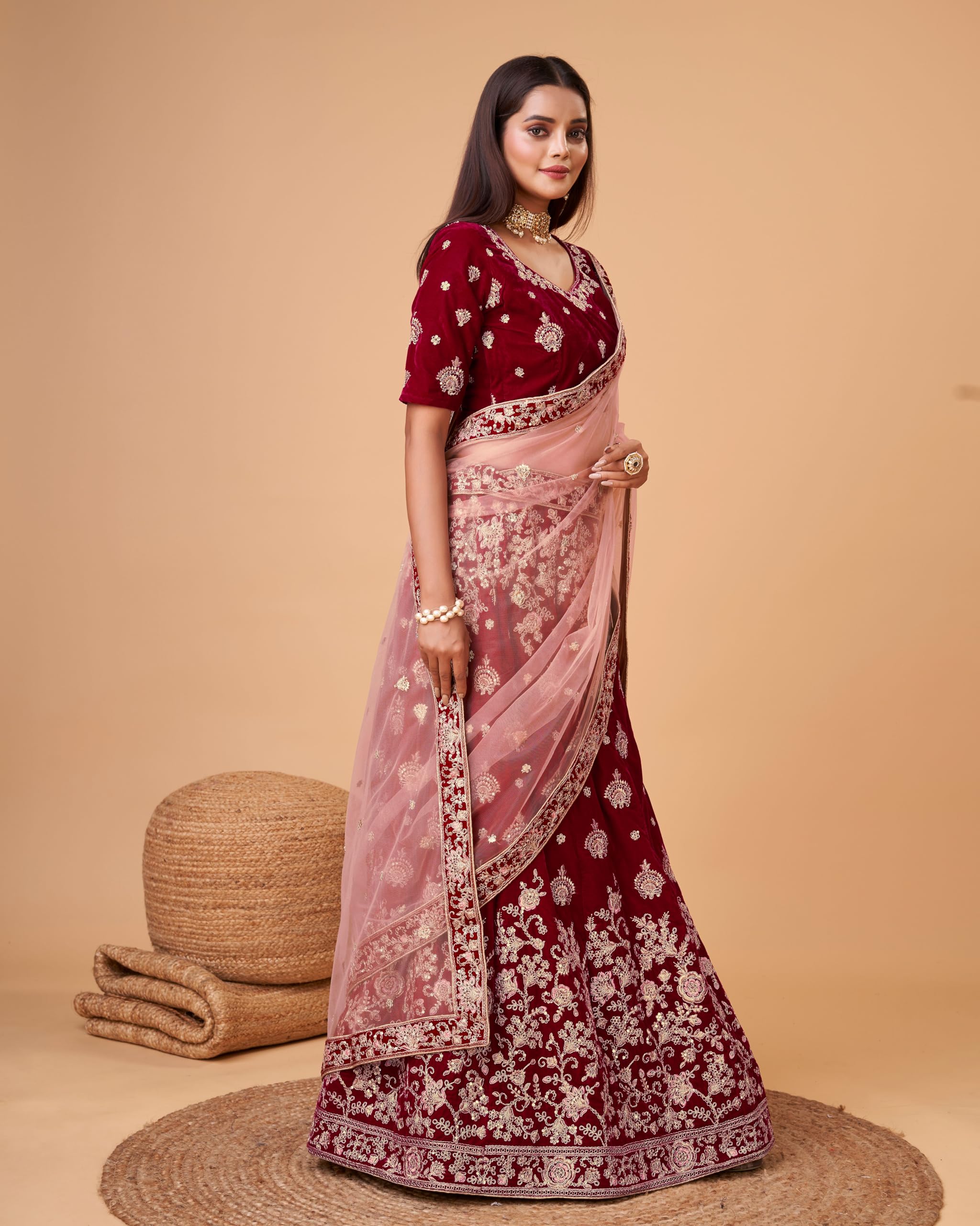 Trendmalls Women's Velvet Embroidery Sequence Work Bridal Lehenga Choli Unstitch Blouse with Dupatta For Women - Image 4