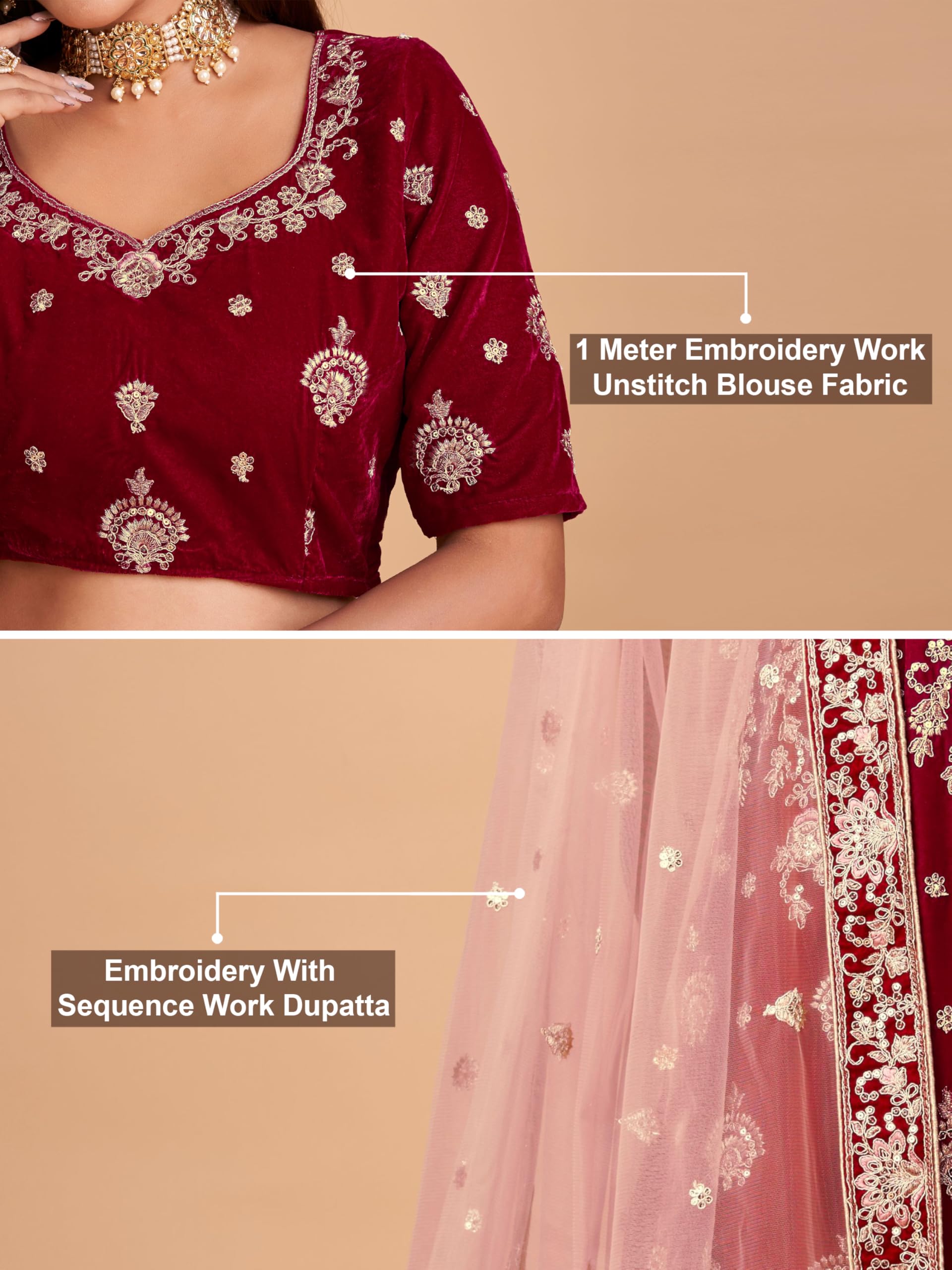 Trendmalls Women's Velvet Embroidery Sequence Work Bridal Lehenga Choli Unstitch Blouse with Dupatta For Women - Image 6