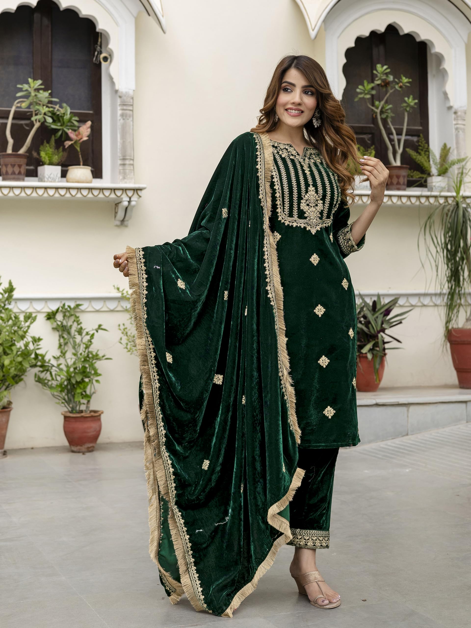 TRENDMALLS Women's Velvet Embroidery Sequence Work Salwar Suit Set Kurta Pant with Dupatta for Women - Image 3