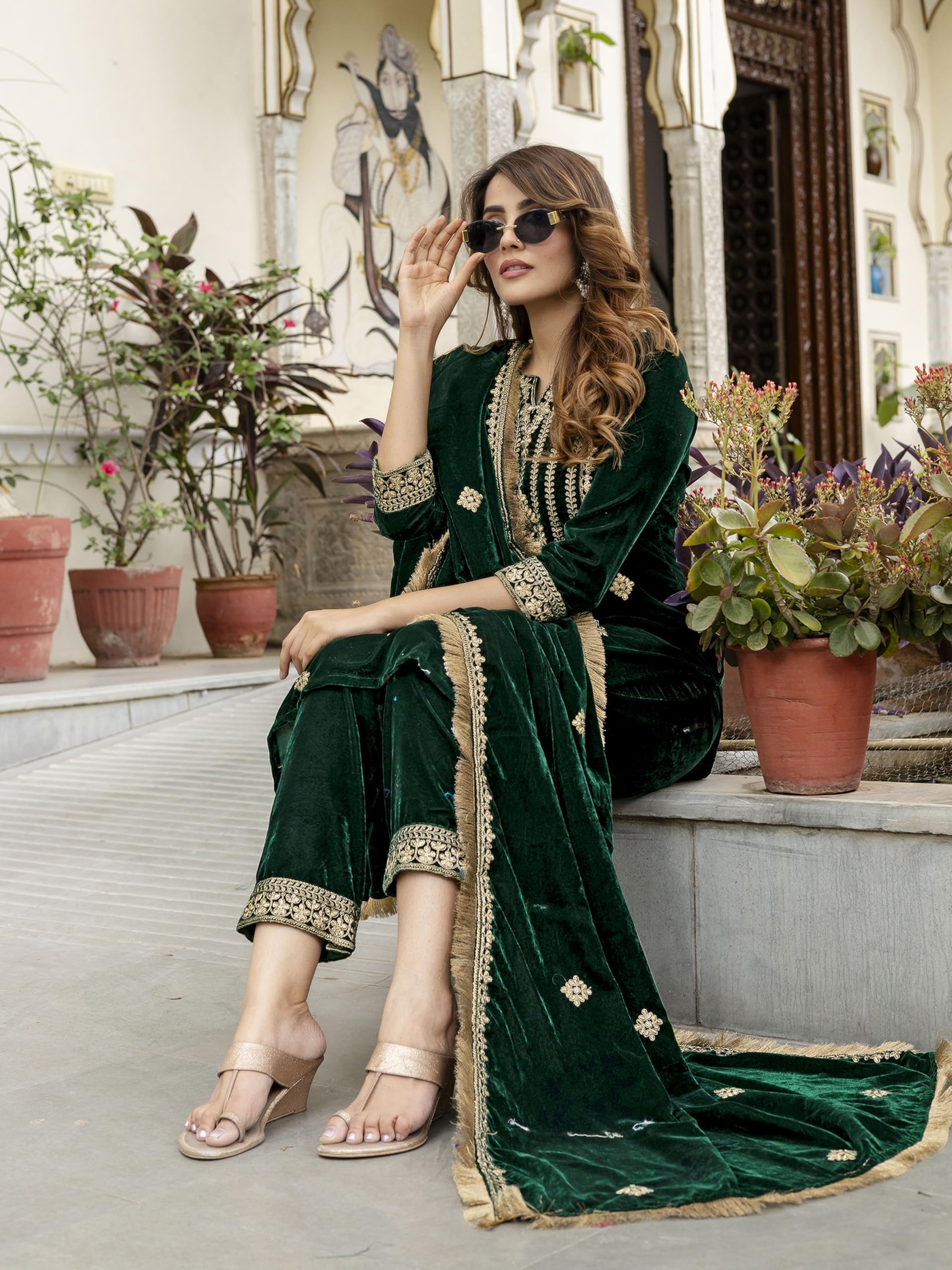 TRENDMALLS Women's Velvet Embroidery Sequence Work Salwar Suit Set Kurta Pant with Dupatta for Women - Image 6