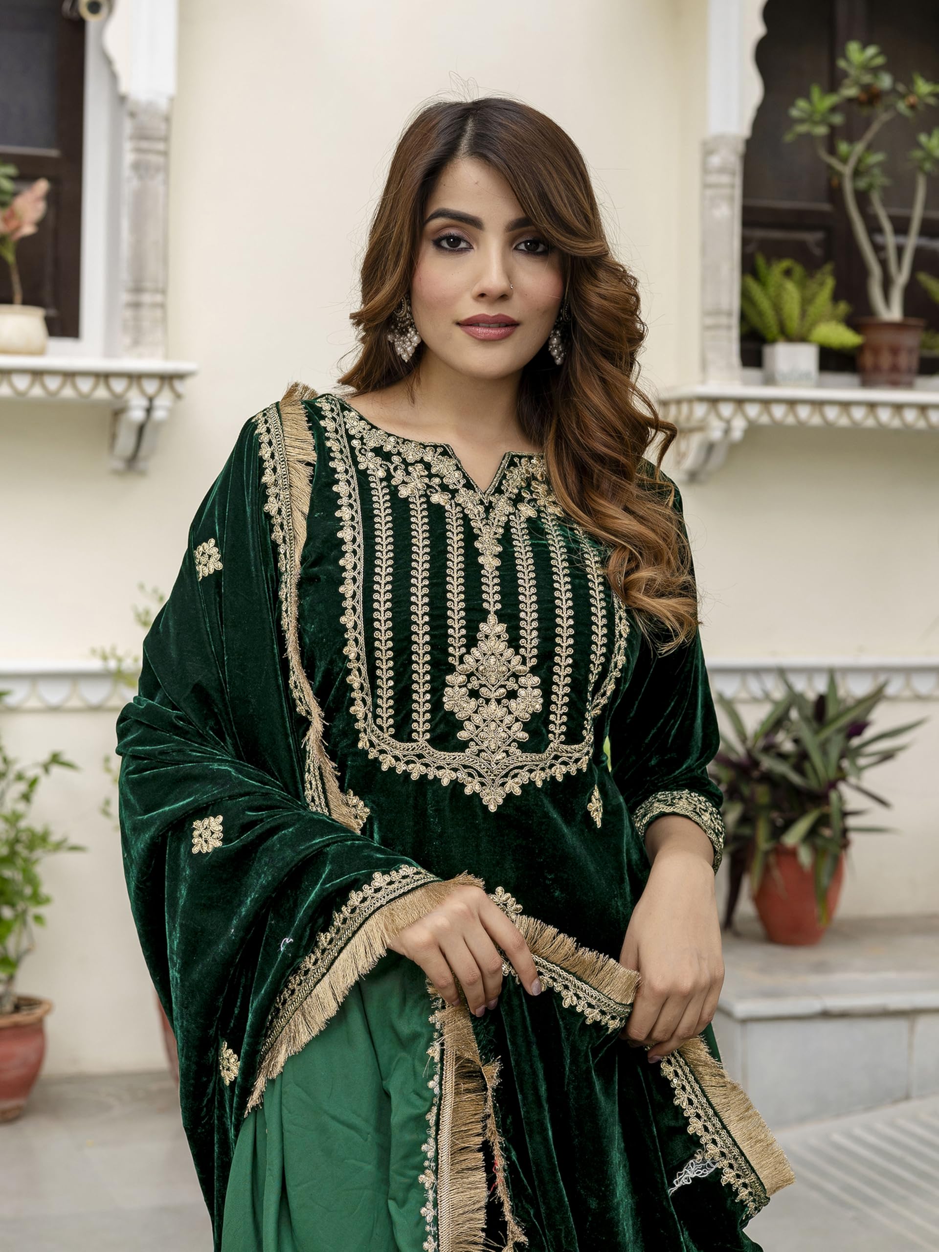 TRENDMALLS Women's Velvet Embroidery Sequence Work Salwar Suit Set Kurta Pant with Dupatta for Women - Image 7