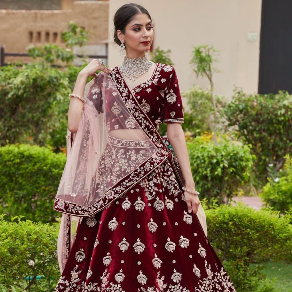 TRENDMALLS Women's Velvet Sequin Embroidery Work Bridal Lehenga Choli with Dupatta Ready To Wear For Women - Image 4