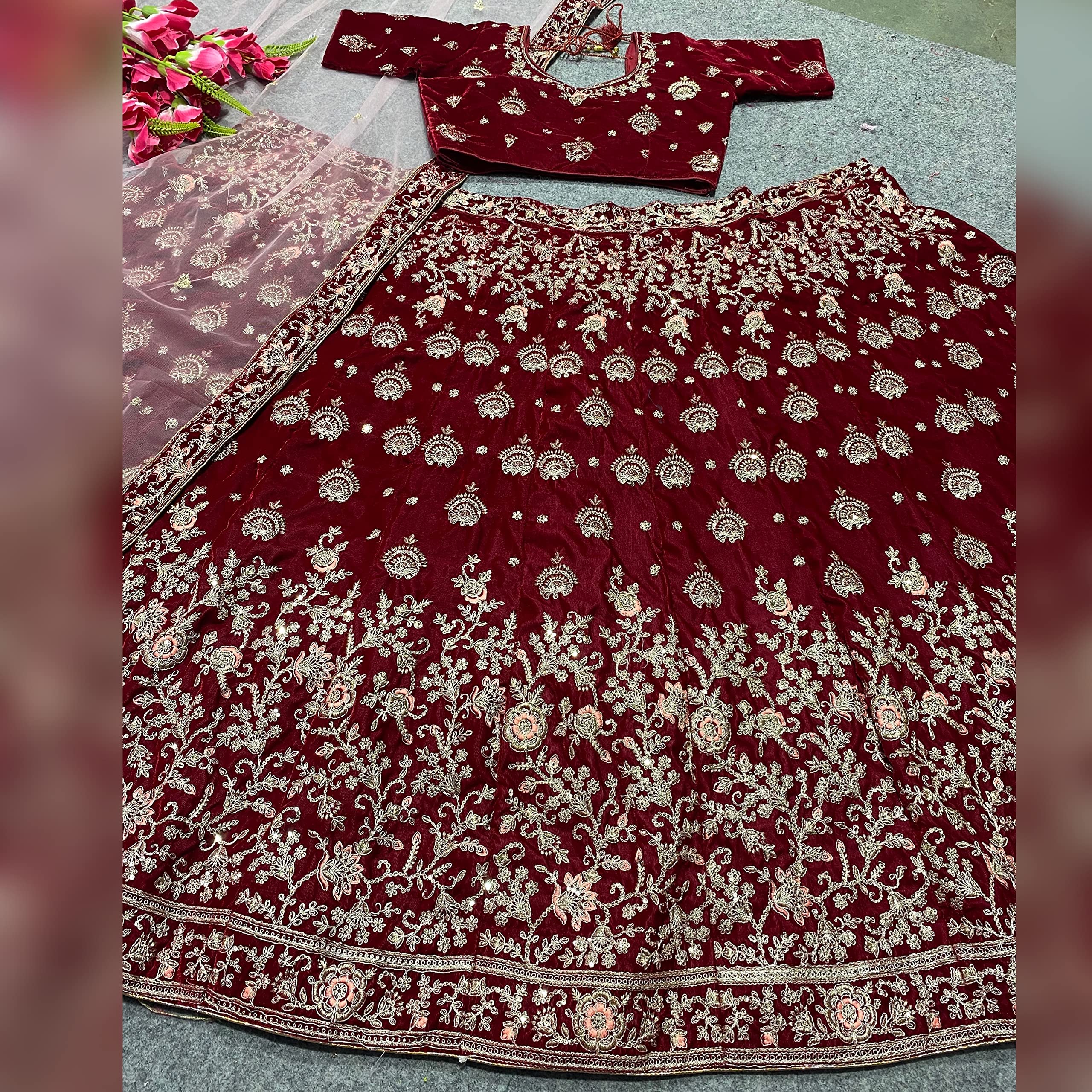 TRENDMALLS Women's Velvet Sequin Embroidery Work Bridal Lehenga Choli with Dupatta Ready To Wear For Women - Image 7