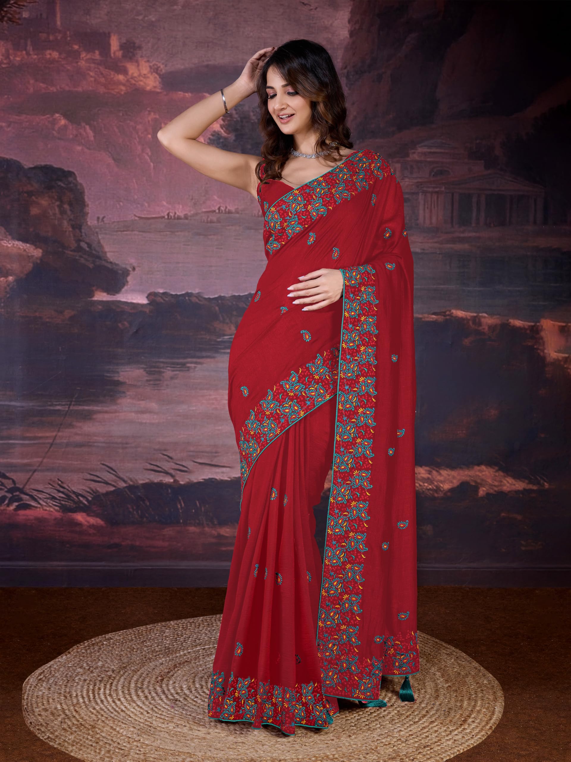 TRENDMALLS Women's Vichitra Silk Heavy Embroidred work Saree with Unstitched Blouse Piece - Image 3