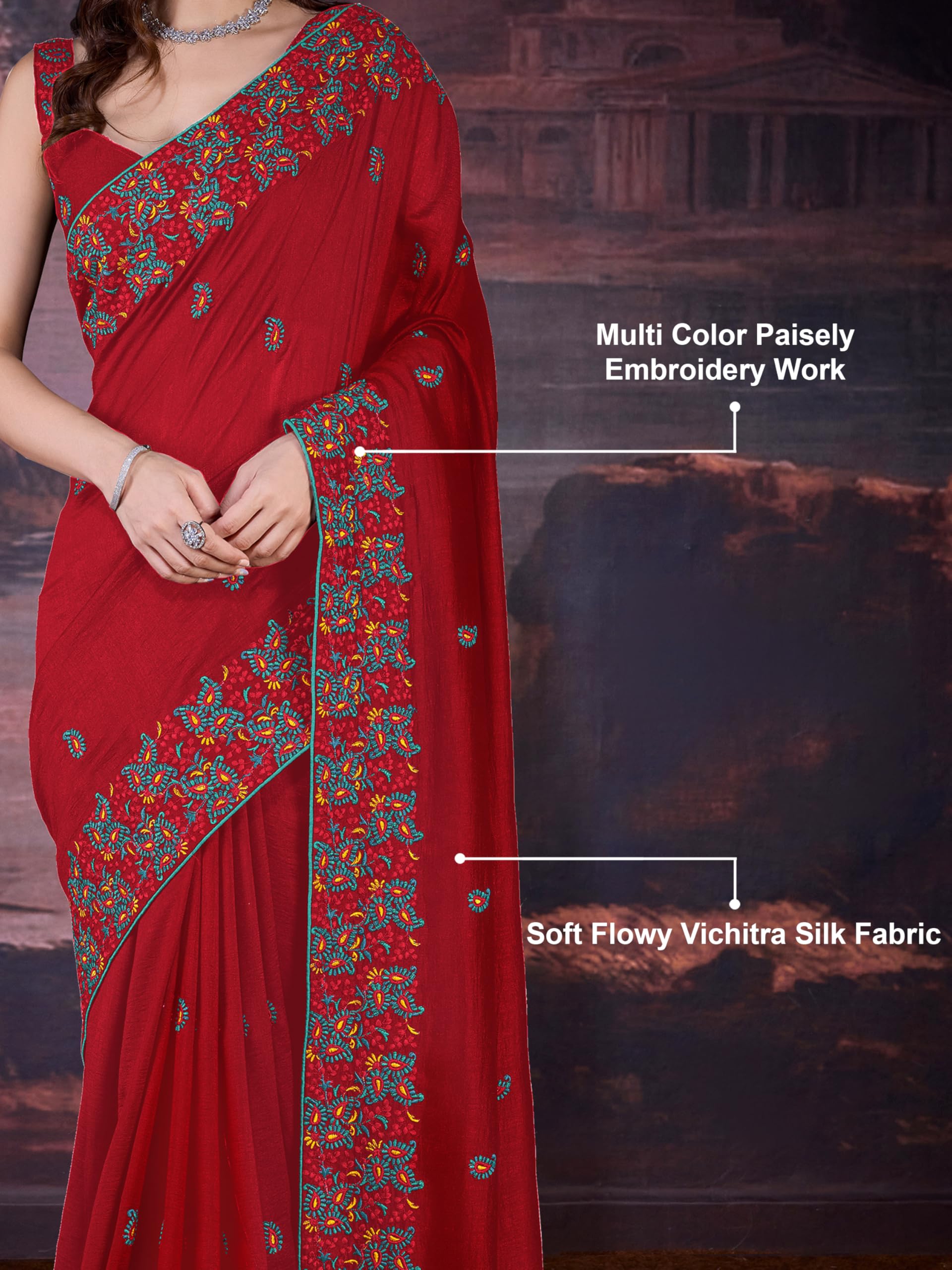 TRENDMALLS Women's Vichitra Silk Heavy Embroidred work Saree with Unstitched Blouse Piece - Image 4