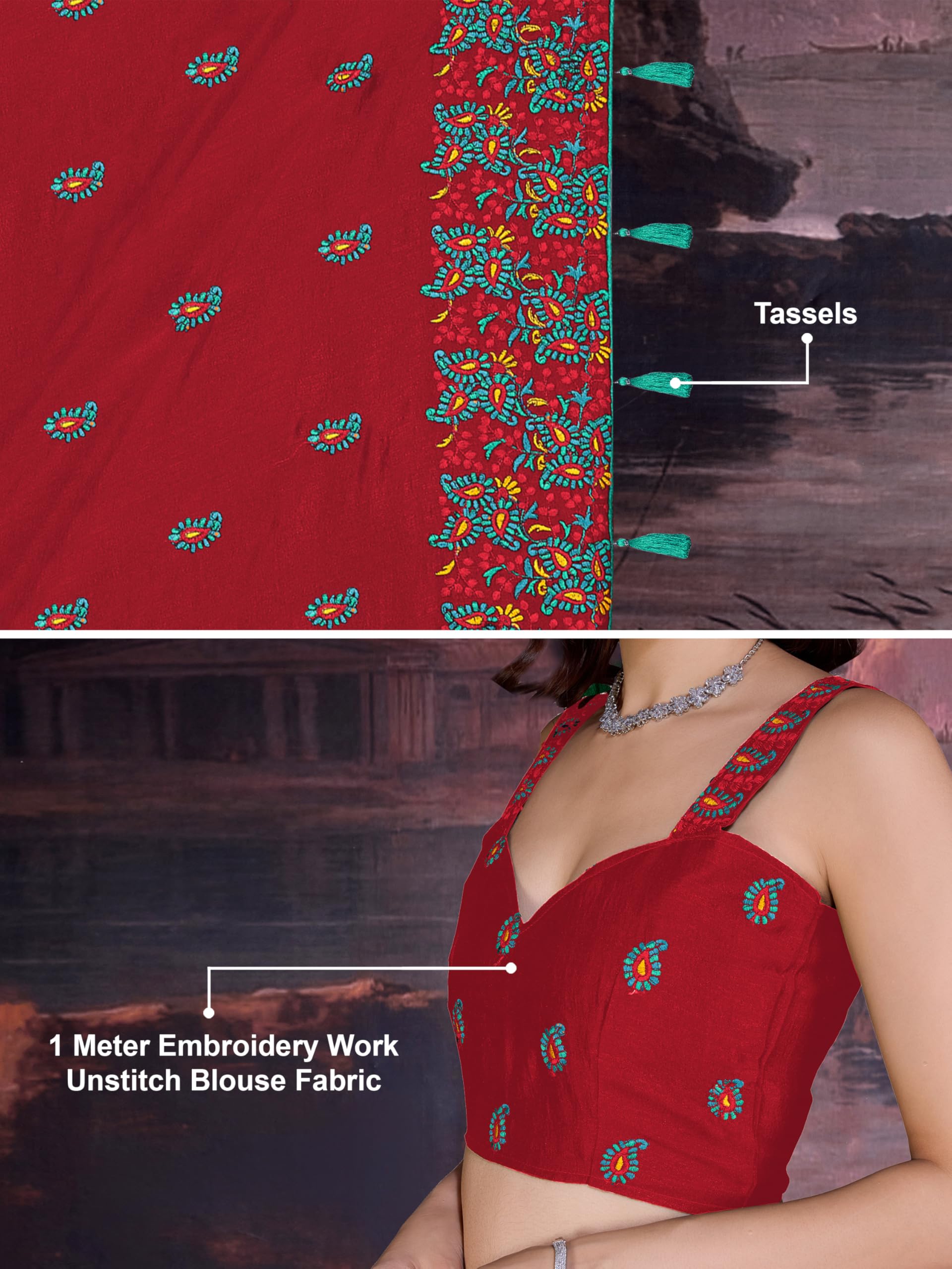 TRENDMALLS Women's Vichitra Silk Heavy Embroidred work Saree with Unstitched Blouse Piece - Image 5