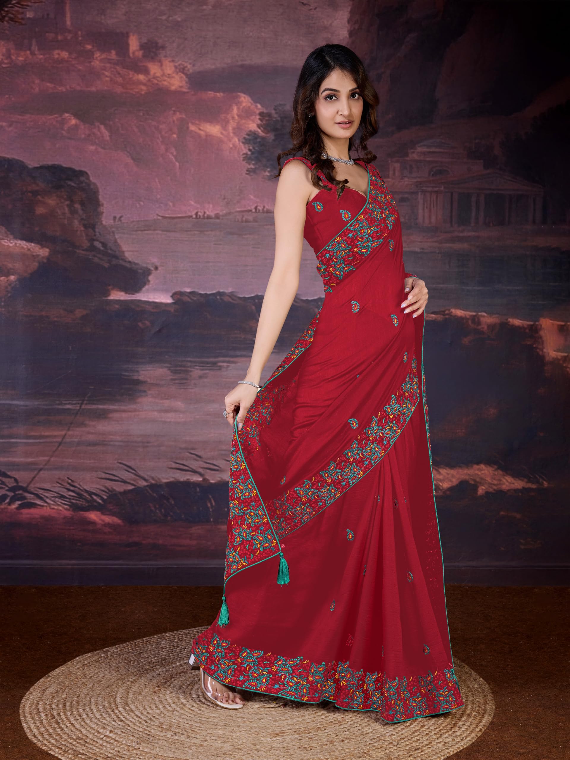 TRENDMALLS Women's Vichitra Silk Heavy Embroidred work Saree with Unstitched Blouse Piece - Image 6