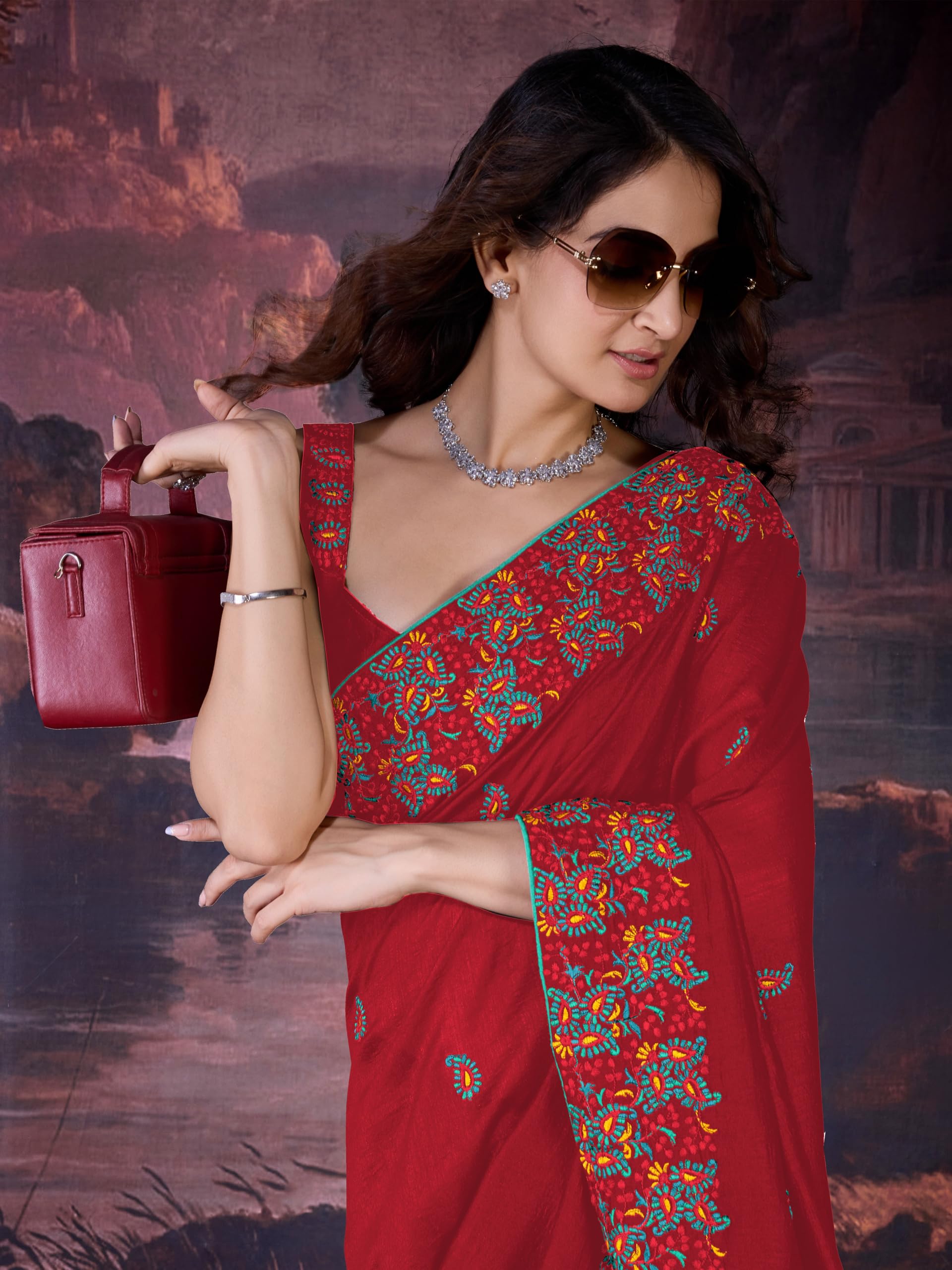 TRENDMALLS Women's Vichitra Silk Heavy Embroidred work Saree with Unstitched Blouse Piece - Image 7