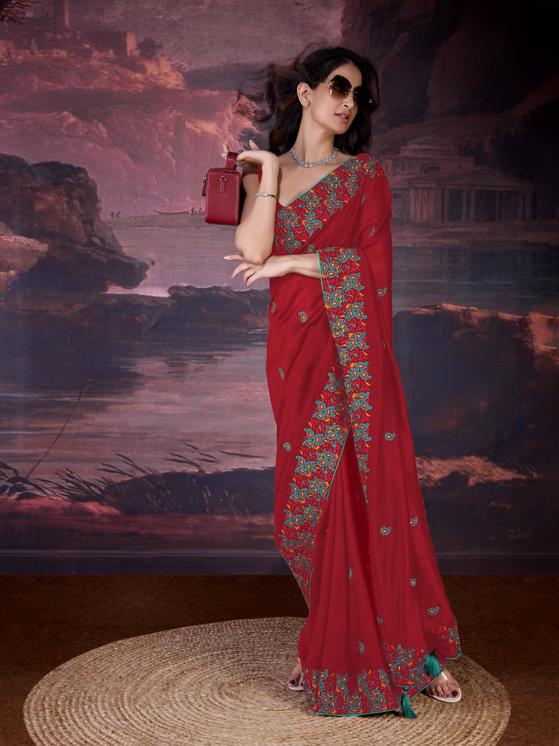 TRENDMALLS Women's Vichitra Silk Heavy Embroidred work Saree with Unstitched Blouse Piece - Image 8