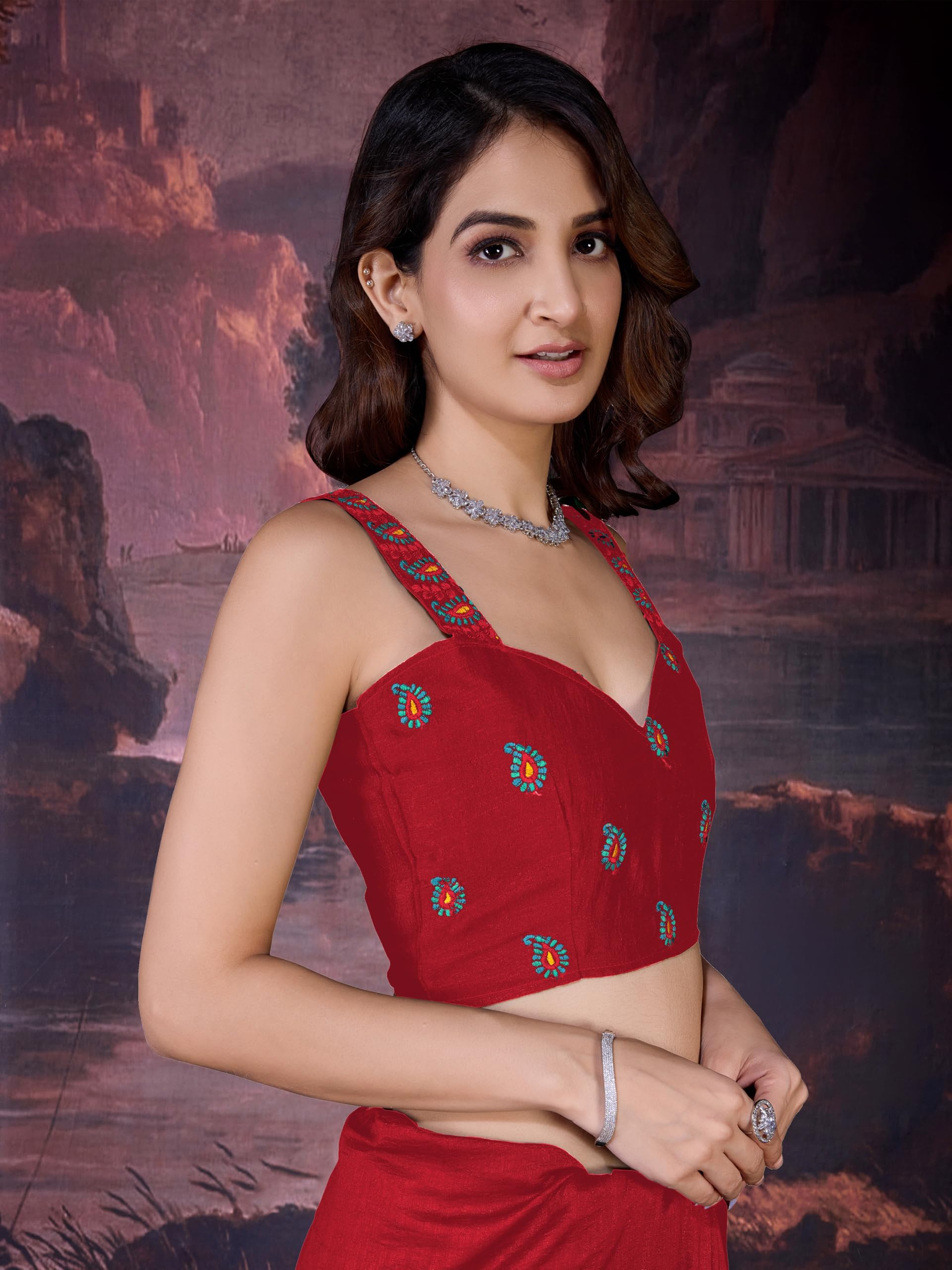 TRENDMALLS Women's Vichitra Silk Heavy Embroidred work Saree with Unstitched Blouse Piece - Image 9